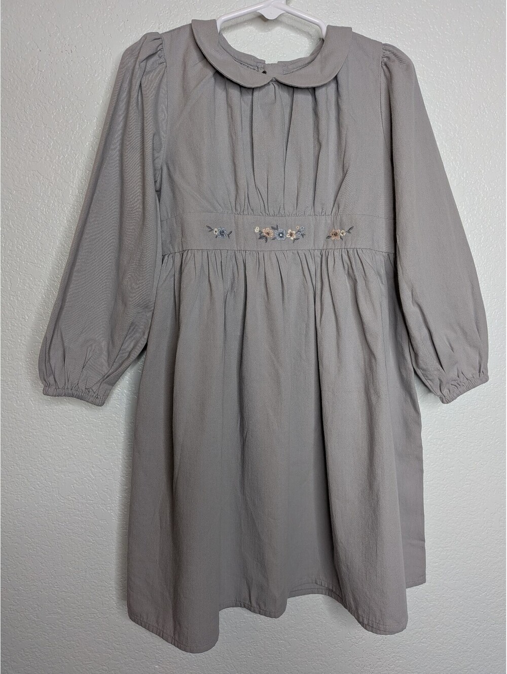 Louisicella Girls Gray Floral Embroidered Peter Pan Collar Dress Size 4Y